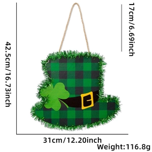 Vue détaillée de la plaque de porte Saint-Patrick avec dimensions, chapeau vert et trèfle