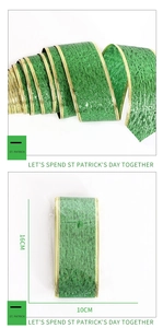 Detail of green St. Patrick's Day ribbon with gold edges and dimensions 10cm x 16cm