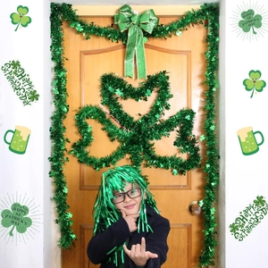 St. Patrick's Day party set with green tinsel, sequin bow, and clover wig decoration