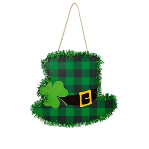 Decorazione in legno cappello Leprechaun San Patrizio con trifoglio verde e bordo scintillante