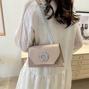 Elegant apricot square crossbody bag with sparkling rhinestone buckle and metal chain strap