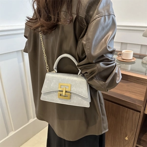 Retro grey small square chain bag for women with gold hardware shown on a model