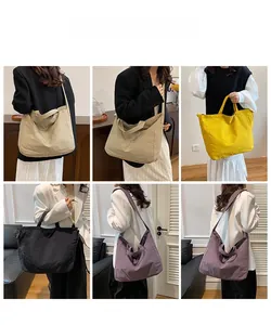 Collage of four large capacity nylon tote bags in beige, yellow, black and lilac purple