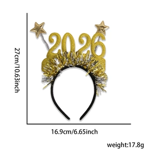 Serre-tête 2026 à paillettes dorées avec étoiles et guirlandes pour fête du Nouvel An