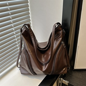 Women Retro PU Leather Shoulder Bag Large Capacity Minimalist Hobo Tote Bag With Zipper Decor Fashion Commuter Bag