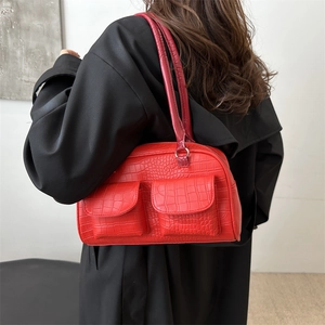 Bolso tote rojo con relieve de cocodrilo y bolsillos dobles para el uso diario mujer