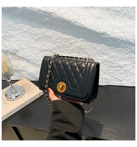 Detail of black quilted shoulder bag with gold twist lock and chain strap