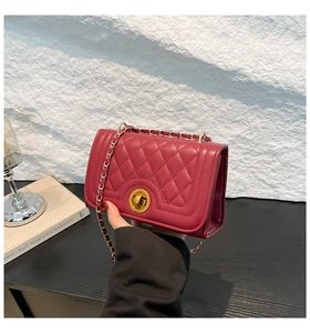 Detailed view of dark red quilted leather crossbody bag with gold metal chain and twist lock