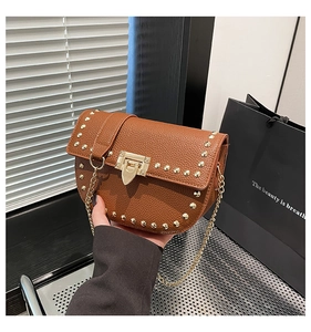 Detail of brown litchi pattern saddle bag with gold rivets and metallic shield clasp
