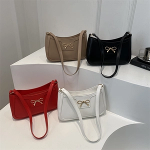 French Fashion Women PU Leather Underarm Bag Minimalist Crescent Shoulder Bag With Golden Bow Metal Buckle Baguette Bag For Daily Commute