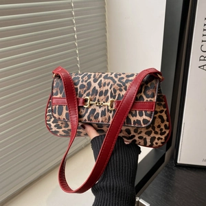 Sac sous le bras pour femme imprimé léopard français Grande capacité Similicuir PU Sac à bandoulière rétro avec décor mors doré