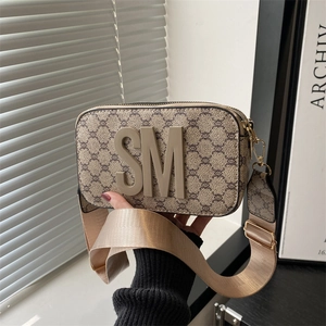 Women Vintage Old Flower Crossbody Camera Bag Letter SM Wide Shoulder Strap PU Leather Small Square Bag Daily Fashion Satchel