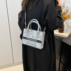 Chic grey floral embroidered tote bag with top handles and adjustable strap for women
