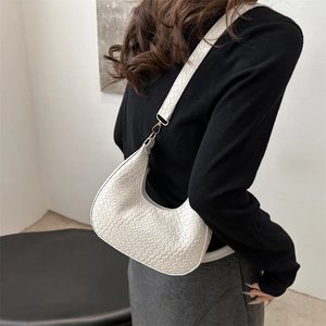French woven crescent hobo bag for women with minimalist shoulder strap in white