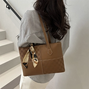Brown patchwork tote bag with scarf detail and checkered texture for daily commute