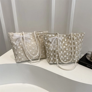 Sac Fourre-tout Tissé pour Femmes Avec Broderie en Dentelle Florale et Décoration de Nœud Grande Capacité Sac à Main à Bandoulière Style Pastoral Français Vacances d'Été Sac de Plage