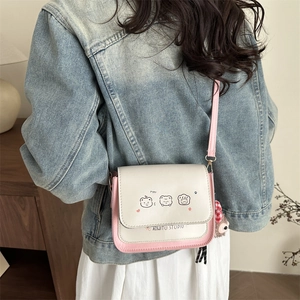 Chic pink and white contrast crossbody bag with cartoon print and PU leather strap