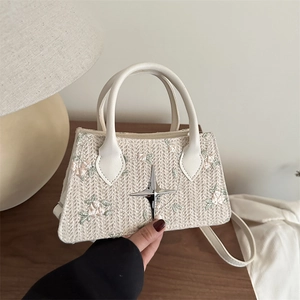 Vintage Straw Handbag For Women Sweet Flower Embroidery Star Metal Buckle Small Square Crossbody Bag Summer Beach Shoulder Bag