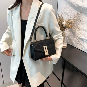 Elegant black PU leather small square bag with glitter flap and gold buckle detail