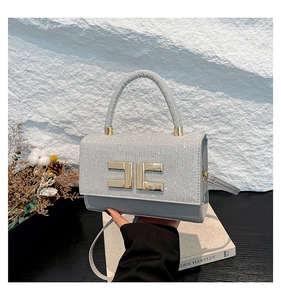 Detail der grauen Tasche mit glitzerndem Silber-Finish und goldener Metallschnalle