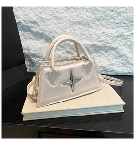 Detail einer beigen Handtasche mit silbernem Stern und Reißverschluss oben