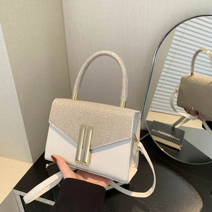 Women PU Leather Sequin Patchwork Small Square Shoulder Bag Minimalist Top Handle Crossbody Bag Metallic Lock Daily Handbag