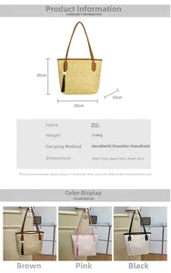 Detail view of woven straw tote bag with size specs, 0.48kg weight and tassel decor