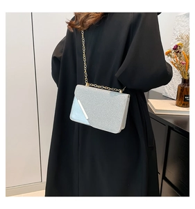 Detail of silver sequin square crossbody bag with gold chain strap on black coat