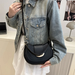 Classic black half-moon saddle bag with gold metal buckle and slender shoulder strap