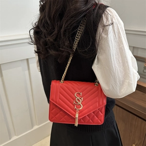 Red quilted leather crossbody bag with gold chain strap and stylish tassel detail