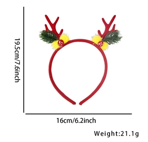 Detailed size view of Christmas reindeer antler headband with festive mushroom and pine decor
