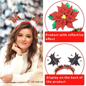 Detailed view of plush reindeer antler headband with glitter poinsettia floral decorations