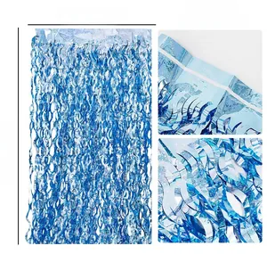 Detail view of 2m light blue laser fringe curtain with wavy foil pattern and size dimensions