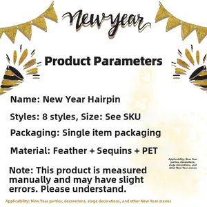 Detail showing various New Year hair clips with gold glitter and black feather accents