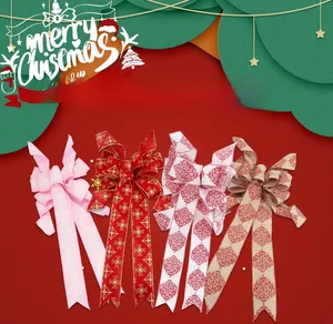 Detail of four Christmas bows featuring festive patterns and assorted fabric textures
