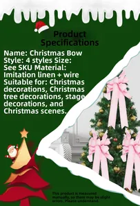 Detail view of large pink linen Christmas bow with wire support for tree decoration