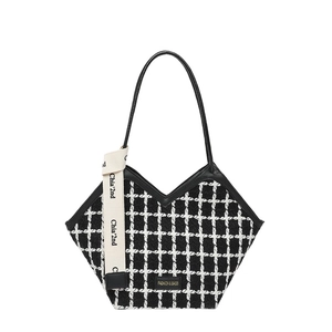 Fashionable black and white checkered tweed tote bag with V-shaped opening and shoulder strap