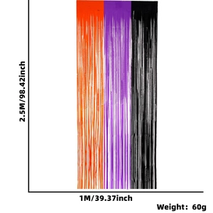 Detailed size chart for orange, purple, and black tricolor Halloween tinsel curtain