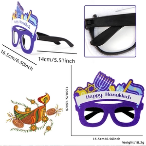 Vues détaillées et dimensions des lunettes Happy Hanukkah avec motifs Menorah et Etoile