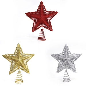 Three glittery star tree toppers in gold, silver and red with stable spiral bases