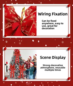 Detailed view of red Christmas bows with gold snowflake prints and wire ties for decoration
