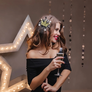 New Year crown hair clip with gold glitter and black mesh for party celebration decor