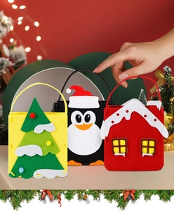 Three DIY felt Christmas gift bags featuring cartoon reindeer and snowman designs