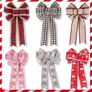 Set of 6 Christmas plaid bows featuring reindeer and tree patterns for festive decor