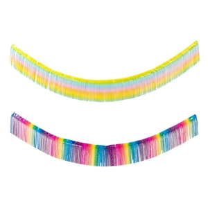 Rainbow fringe streamers in pastel and vibrant colors for birthday party backdrop decoration