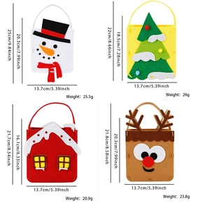 Detaillierte Maße von 4 DIY-Filz-Weihnachtstüten mit Rentier- und Schneemann-Motiven
