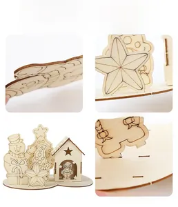Detail view of laser-cut wooden Christmas snowman house with clear wood grain and base