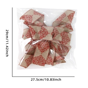 Large handmade red printed burlap Christmas bow ornament with size dimensions shown