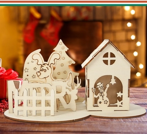 DIY Christmas wooden 3D reindeer and cabin scene with snowman and star cutouts