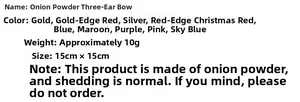 Detailed size and color chart for 15cm glitter Christmas bow hanging decorations